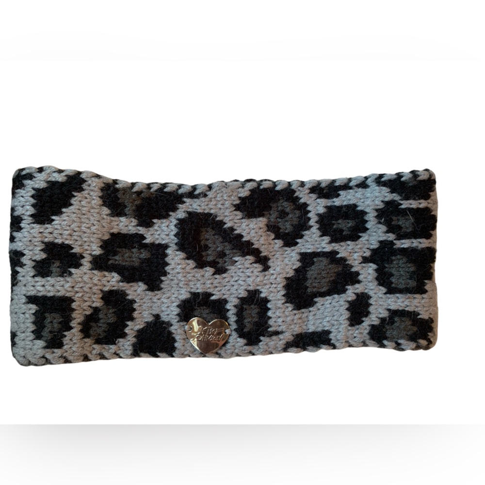 BETSY JOHNSON Gray & Black Leopard Print Knit Headband Head Warmer Snow Leopard